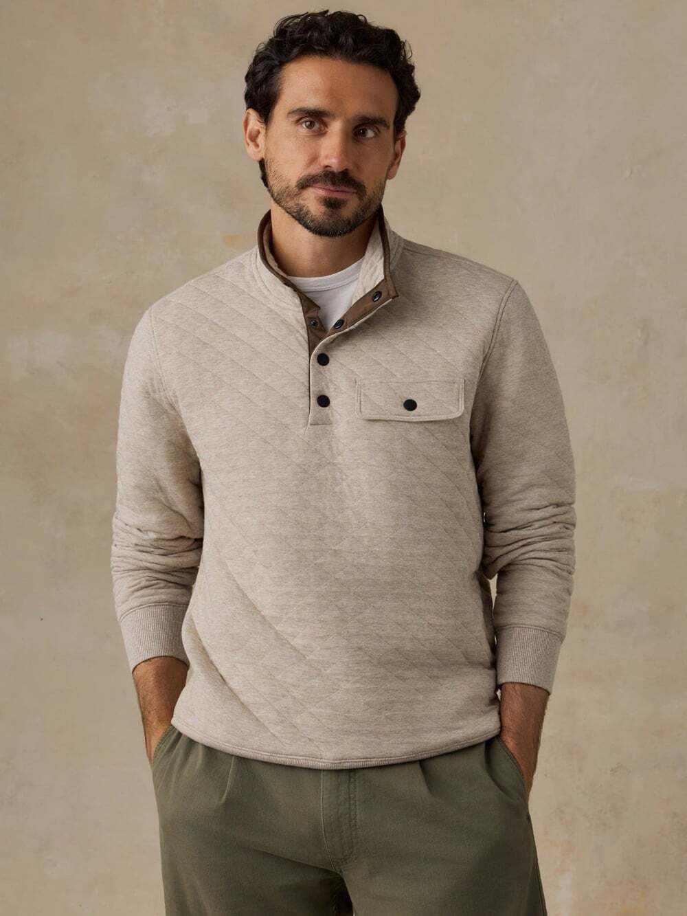 Faherty Men’s Epic Quilted Fleece Pullover Tan Organic Cotton Size S 1/4 Button